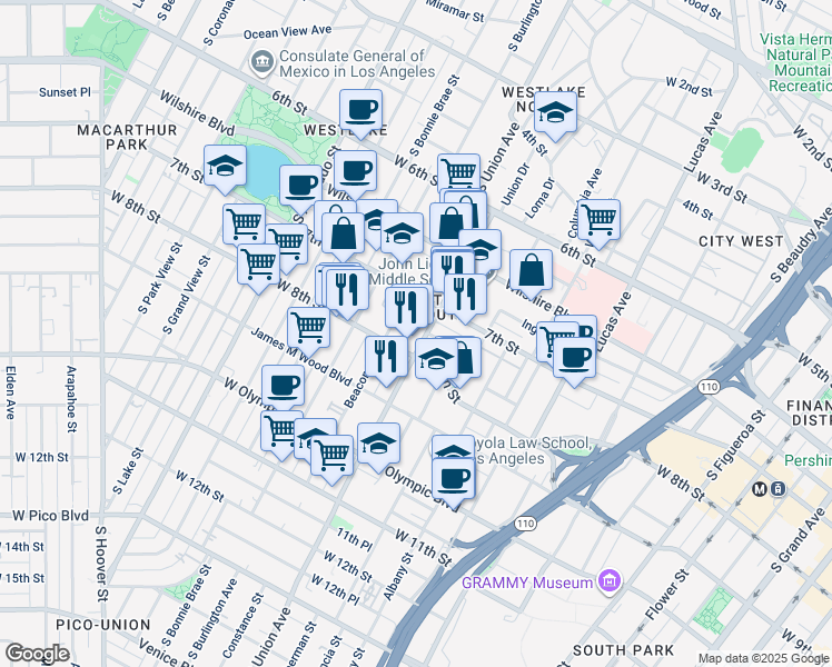 map of restaurants, bars, coffee shops, grocery stores, and more near in Los Angeles