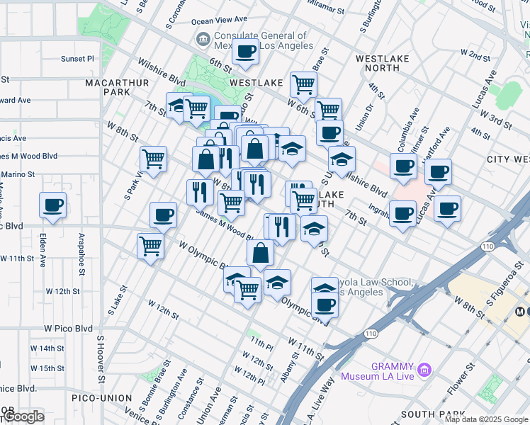 map of restaurants, bars, coffee shops, grocery stores, and more near 817 South Burlington Avenue in Los Angeles