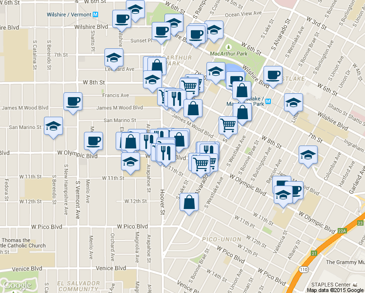 map of restaurants, bars, coffee shops, grocery stores, and more near 2323E West Olympic Boulevard in Los Angeles