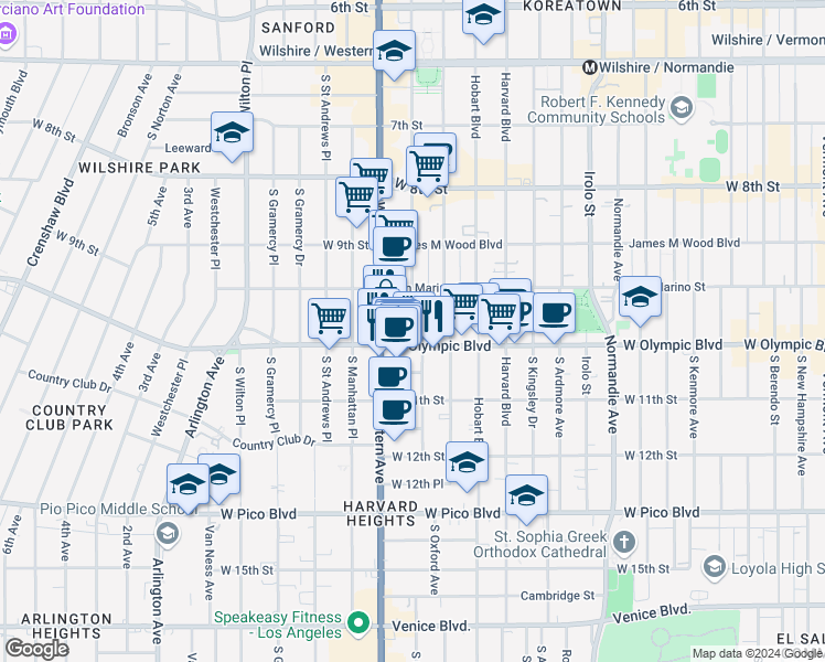 map of restaurants, bars, coffee shops, grocery stores, and more near 985 South Oxford Avenue in Los Angeles