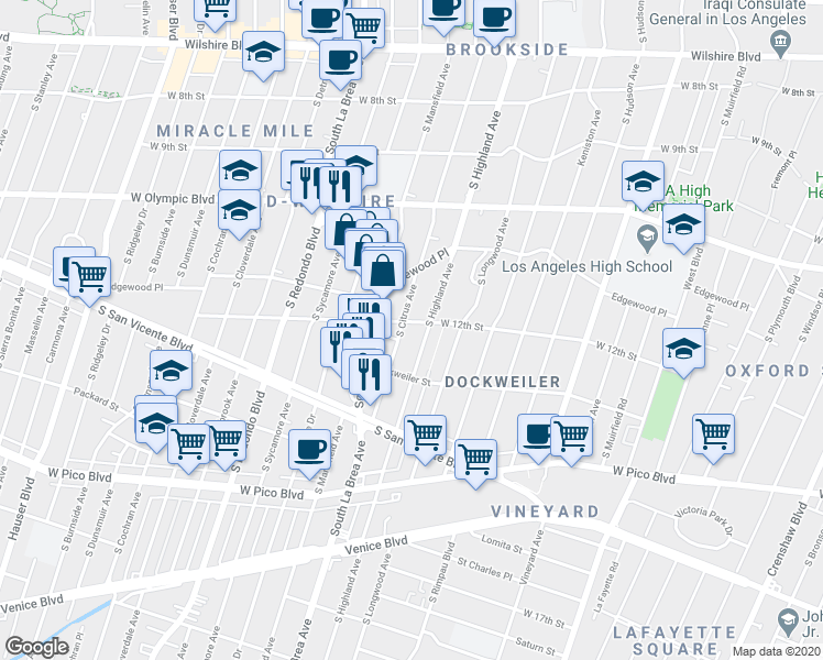 map of restaurants, bars, coffee shops, grocery stores, and more near 1212 South Citrus Avenue in Los Angeles
