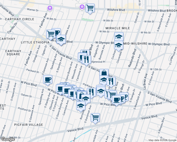 map of restaurants, bars, coffee shops, grocery stores, and more near 1229 South Ridgeley Drive in Los Angeles