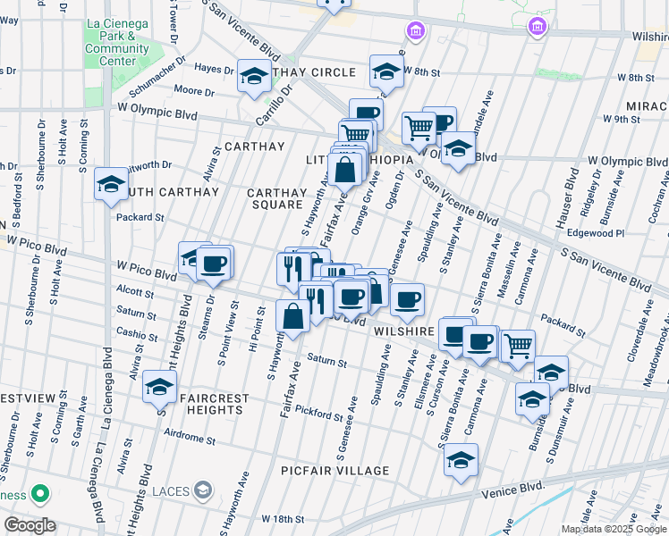 map of restaurants, bars, coffee shops, grocery stores, and more near 1300 South Orange Grove Avenue in Los Angeles