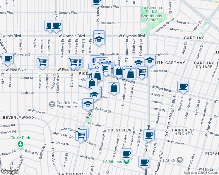 map of restaurants, bars, coffee shops, grocery stores, and more near 1442 South Shenandoah Street in Los Angeles