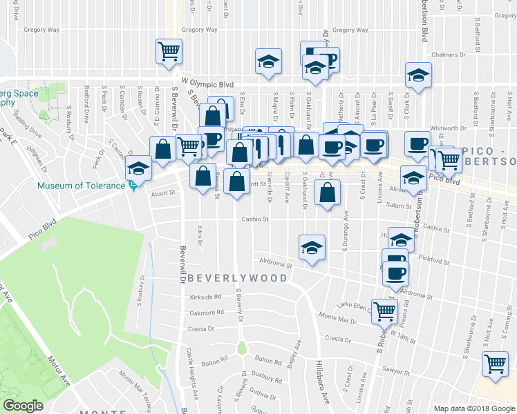 map of restaurants, bars, coffee shops, grocery stores, and more near 1477 Glenville Drive in Los Angeles