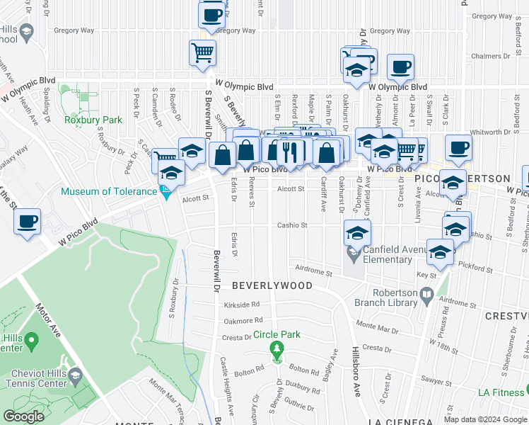 map of restaurants, bars, coffee shops, grocery stores, and more near in Los Angeles