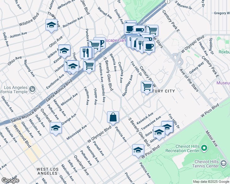 map of restaurants, bars, coffee shops, grocery stores, and more near 2024 South Beverly Glen Boulevard in Los Angeles