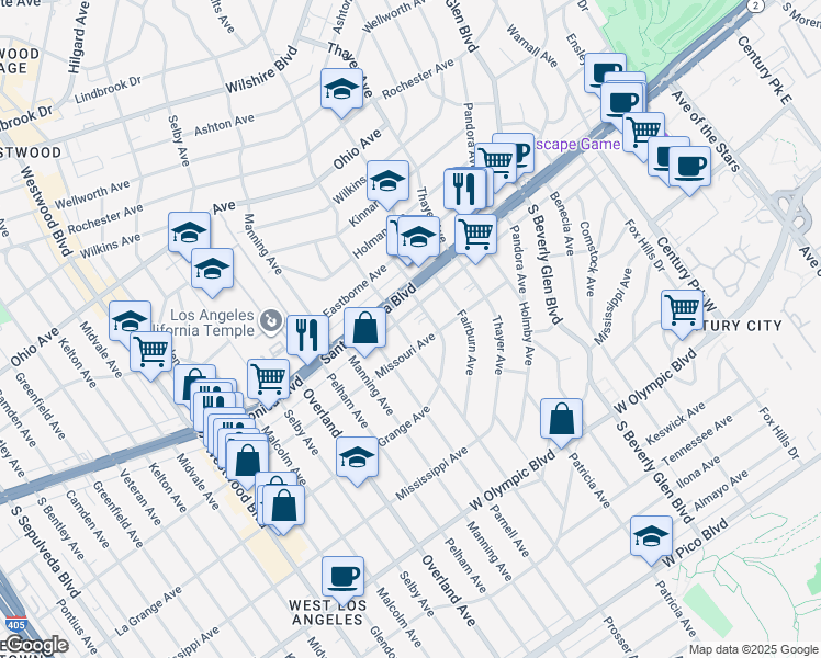 map of restaurants, bars, coffee shops, grocery stores, and more near 1833 Westholme Avenue in Los Angeles