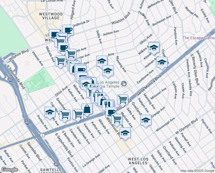 map of restaurants, bars, coffee shops, grocery stores, and more near 1646 Malcolm Avenue in Los Angeles