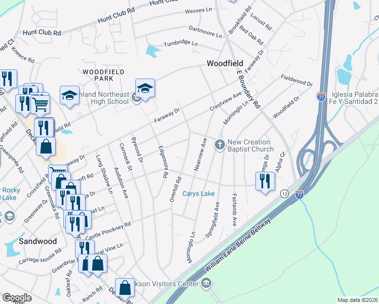 map of restaurants, bars, coffee shops, grocery stores, and more near 1826 Overhill Road in Columbia