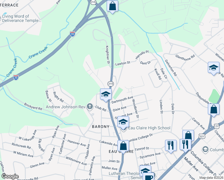 map of restaurants, bars, coffee shops, grocery stores, and more near 5206 Ridgewood Camp Road in Columbia