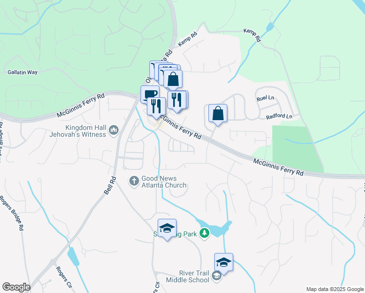 map of restaurants, bars, coffee shops, grocery stores, and more near 209 Bedford Alley in Johns Creek