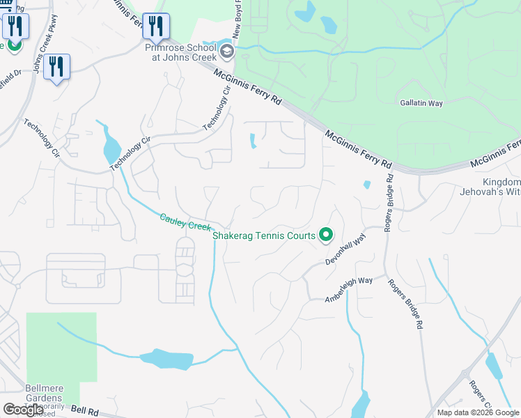 map of restaurants, bars, coffee shops, grocery stores, and more near 100 Croftwood Court in Duluth