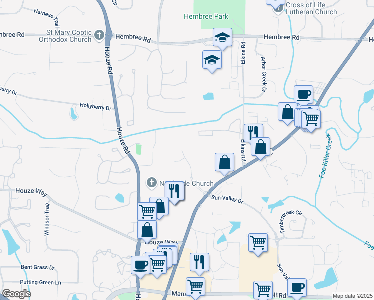 map of restaurants, bars, coffee shops, grocery stores, and more near 555 Sun Valley Drive in Roswell