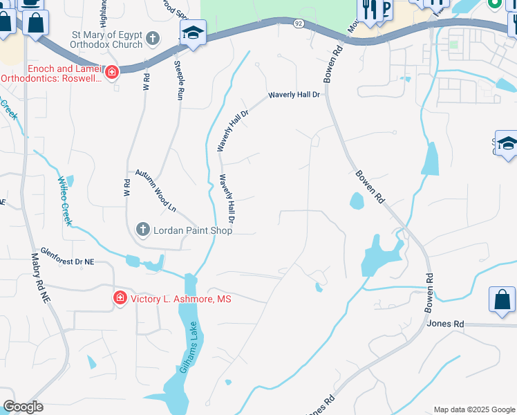 map of restaurants, bars, coffee shops, grocery stores, and more near 525 Autumn Wood Close in Roswell