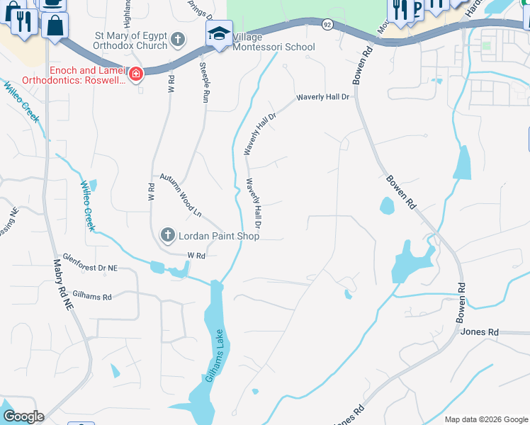 map of restaurants, bars, coffee shops, grocery stores, and more near 420 Waverly Hall Drive in Roswell