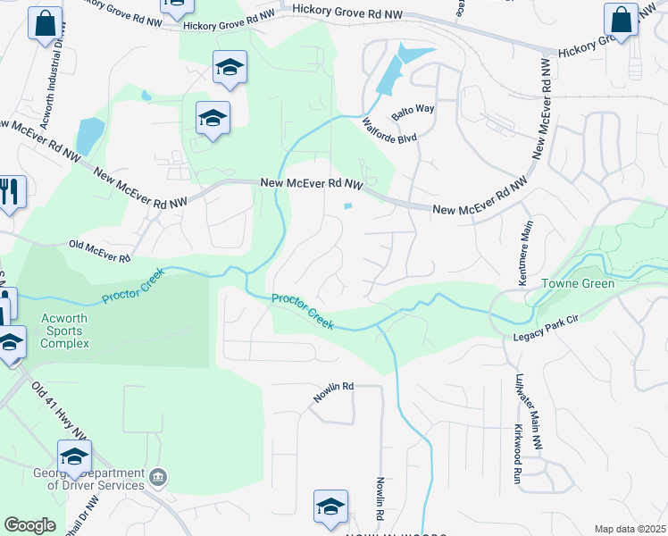 map of restaurants, bars, coffee shops, grocery stores, and more near 4025 McDowell Drive in Acworth