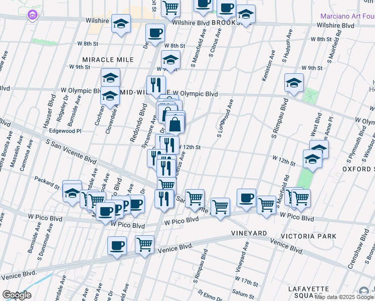 map of restaurants, bars, coffee shops, grocery stores, and more near 1212 South Citrus Avenue in Los Angeles