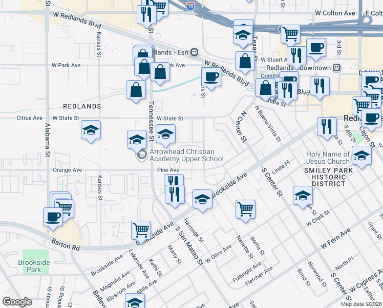 map of restaurants, bars, coffee shops, grocery stores, and more near 1000 Pine Avenue in Redlands
