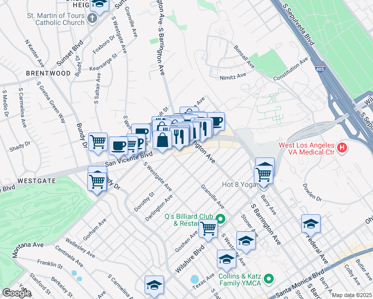 map of restaurants, bars, coffee shops, grocery stores, and more near 11726 San Vicente Boulevard in Los Angeles
