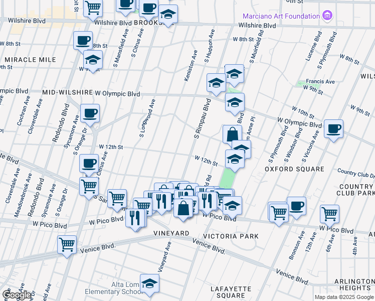 map of restaurants, bars, coffee shops, grocery stores, and more near 1155 South Rimpau Boulevard in Los Angeles
