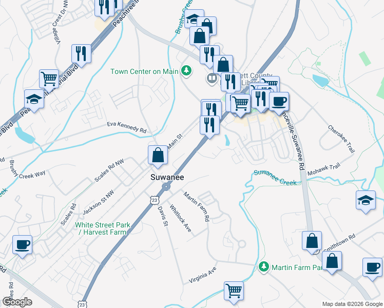map of restaurants, bars, coffee shops, grocery stores, and more near 500 Buford Highway in Suwanee