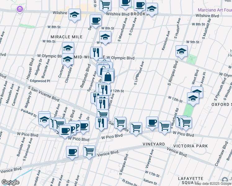 map of restaurants, bars, coffee shops, grocery stores, and more near 1200 South Citrus Avenue in Los Angeles