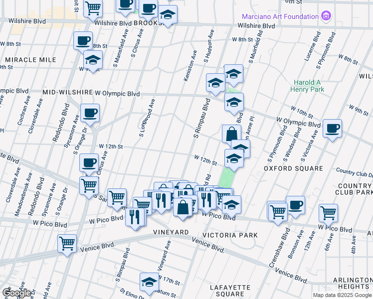 map of restaurants, bars, coffee shops, grocery stores, and more near 1155 South Rimpau Boulevard in Los Angeles
