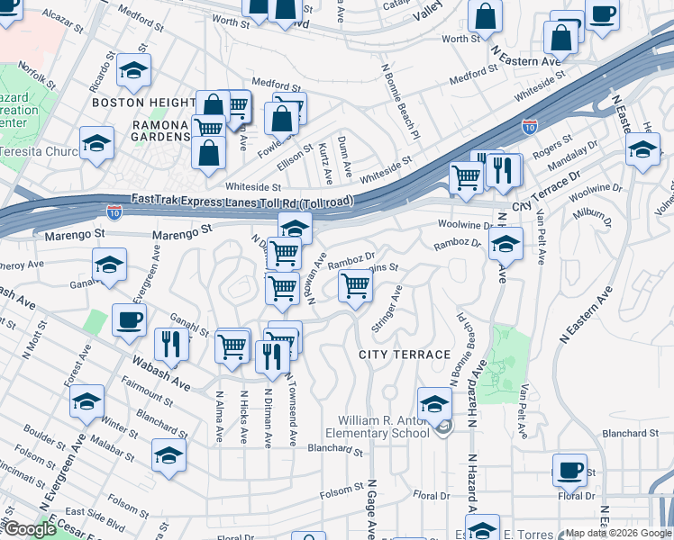 map of restaurants, bars, coffee shops, grocery stores, and more near 1251 Schick Avenue in Los Angeles