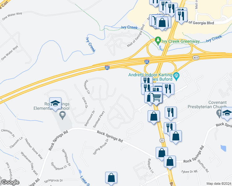 map of restaurants, bars, coffee shops, grocery stores, and more near 1067 Woodsong Pass Court in Lawrenceville