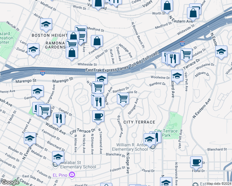 map of restaurants, bars, coffee shops, grocery stores, and more near 1251 Schick Avenue in Los Angeles