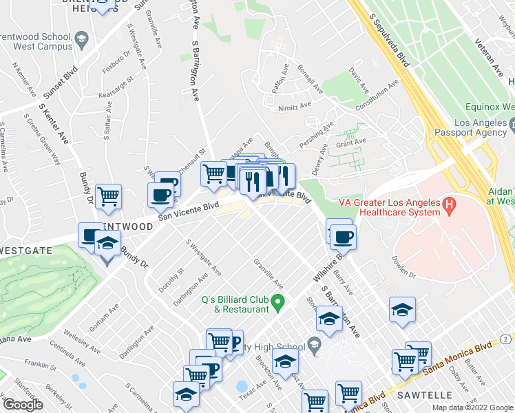 map of restaurants, bars, coffee shops, grocery stores, and more near 910 South Barrington Avenue in Los Angeles