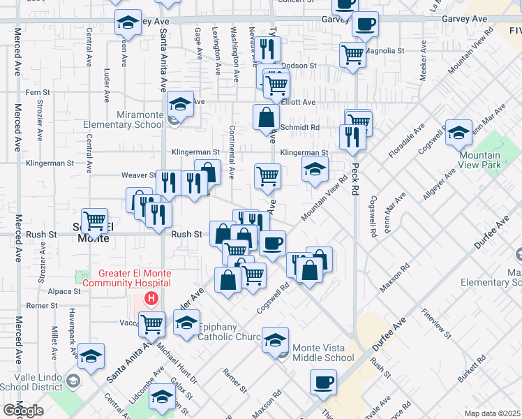 map of restaurants, bars, coffee shops, grocery stores, and more near 10957 Weaver Avenue in South El Monte