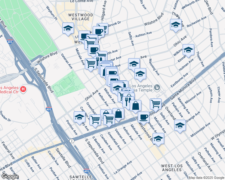 map of restaurants, bars, coffee shops, grocery stores, and more near 1561 Westwood Boulevard in Los Angeles