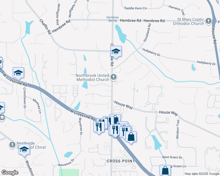 map of restaurants, bars, coffee shops, grocery stores, and more near 1005 Hidden Pond Lane in Roswell