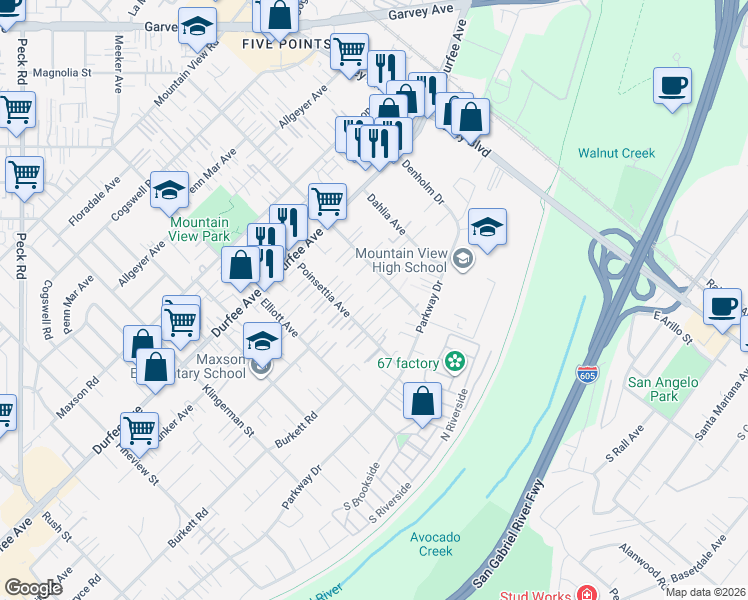 map of restaurants, bars, coffee shops, grocery stores, and more near 12468 Magnolia Street in El Monte