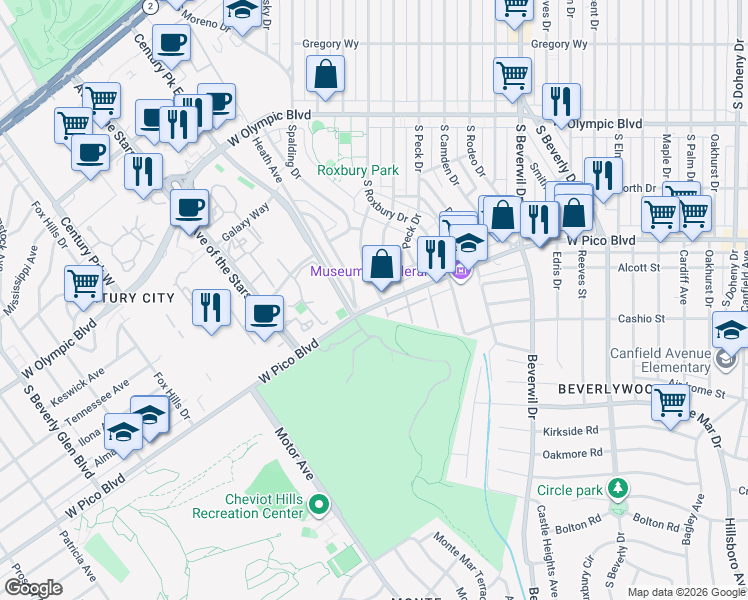 map of restaurants, bars, coffee shops, grocery stores, and more near 1333 Beverly Green Drive in Los Angeles