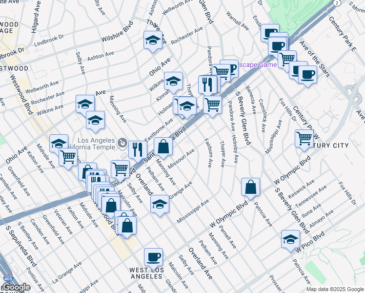 map of restaurants, bars, coffee shops, grocery stores, and more near 1820 Prosser Avenue in Los Angeles