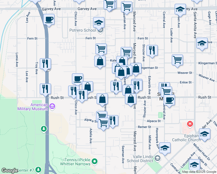 map of restaurants, bars, coffee shops, grocery stores, and more near 2112 Potrero Avenue in South El Monte