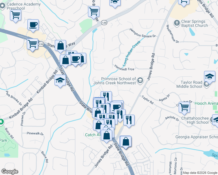 map of restaurants, bars, coffee shops, grocery stores, and more near 155 Arborfield Way in Alpharetta