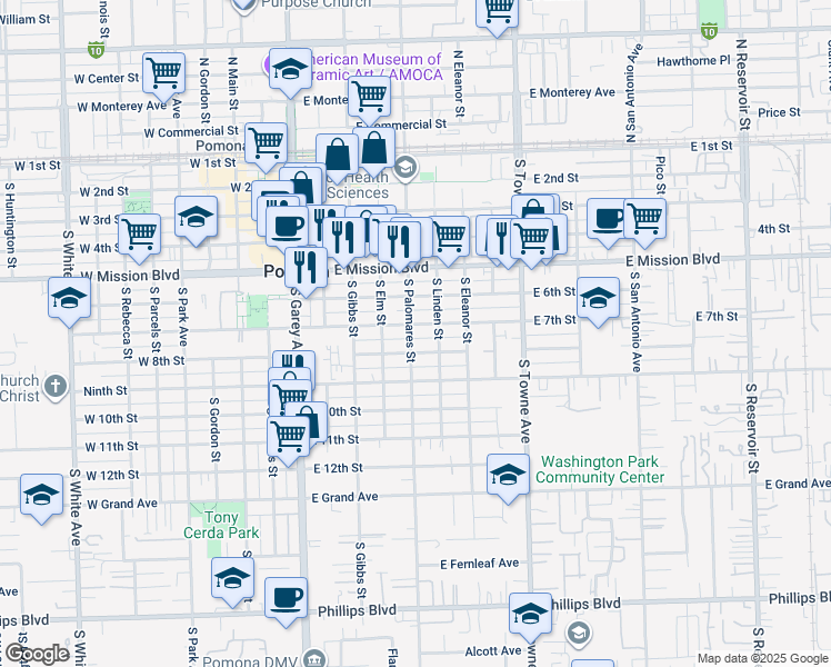 map of restaurants, bars, coffee shops, grocery stores, and more near 714 South Palomares Street in Pomona