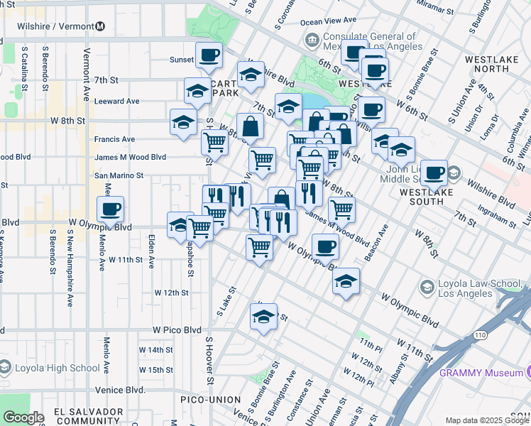 map of restaurants, bars, coffee shops, grocery stores, and more near 933 South Lake Street in Los Angeles