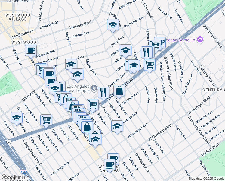 map of restaurants, bars, coffee shops, grocery stores, and more near 10683 Santa Monica Boulevard in Los Angeles