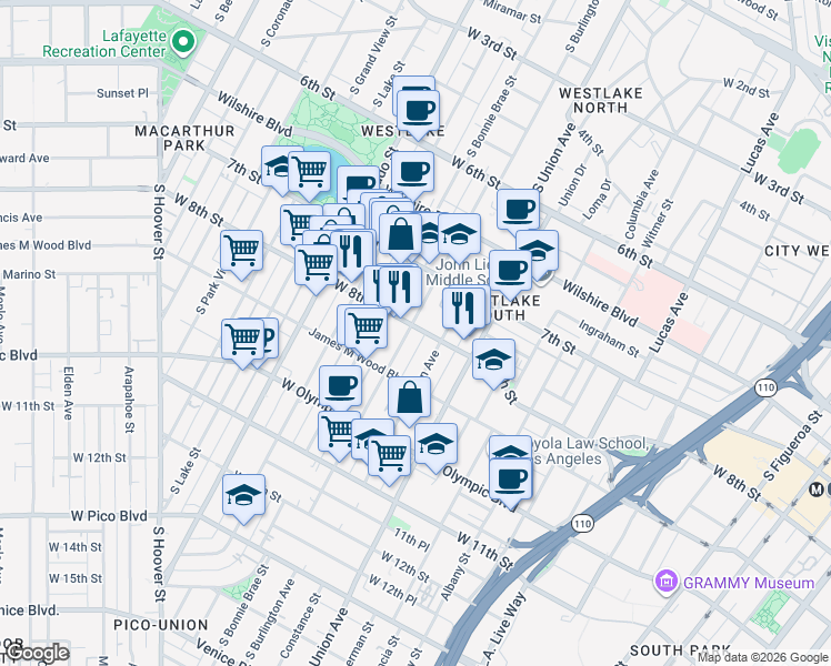 map of restaurants, bars, coffee shops, grocery stores, and more near 800 South Burlington Avenue in Los Angeles