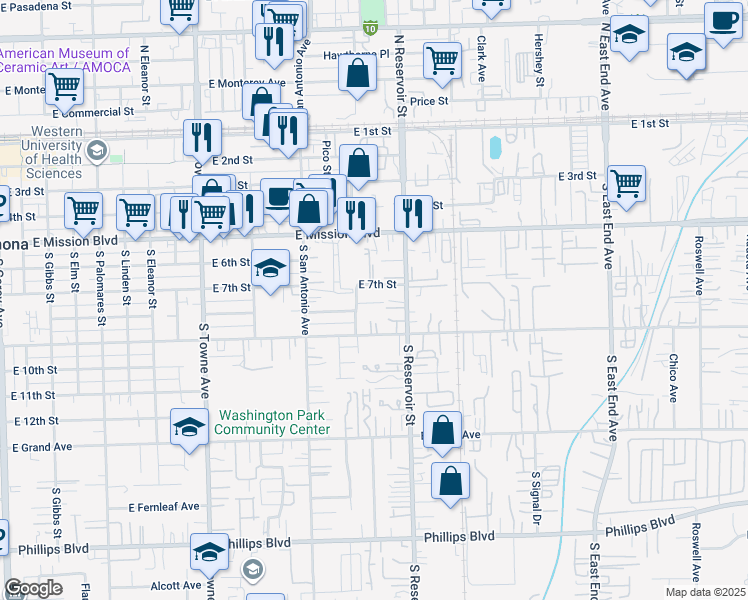 map of restaurants, bars, coffee shops, grocery stores, and more near 760 South La Mesa Street in Pomona