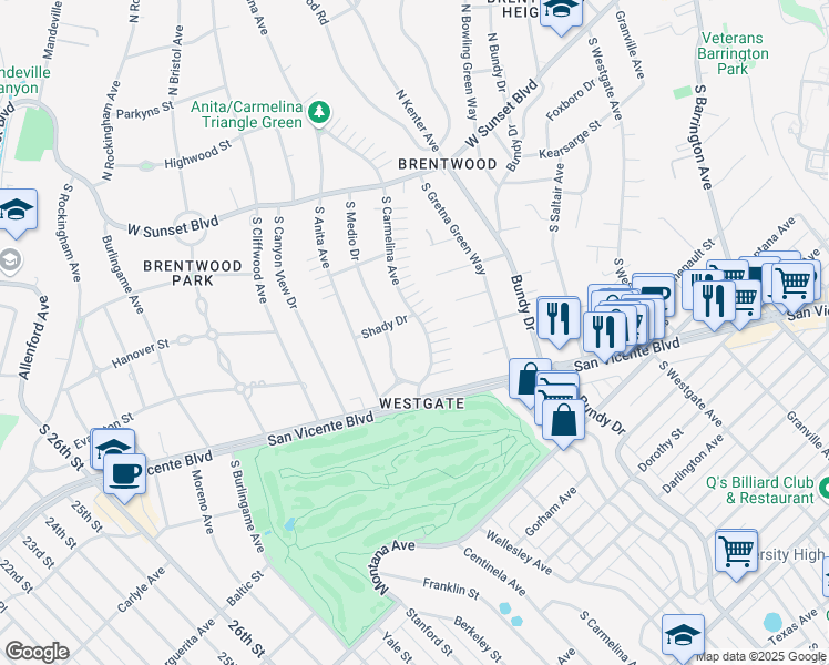 map of restaurants, bars, coffee shops, grocery stores, and more near 323 South Carmelina Avenue in Los Angeles