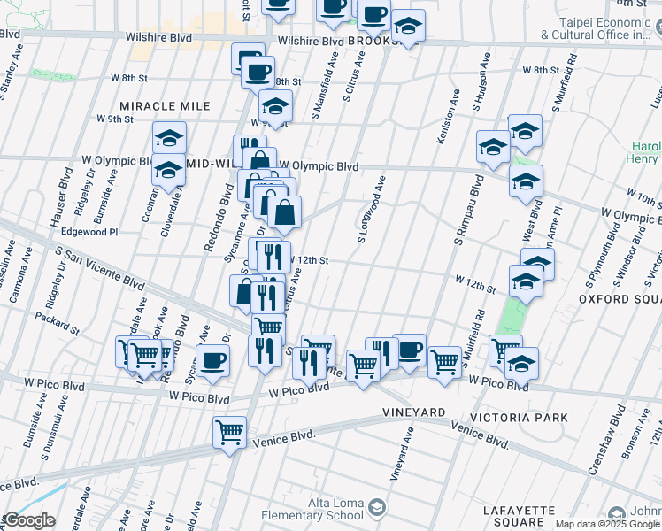 map of restaurants, bars, coffee shops, grocery stores, and more near 4918 West 12th Street in Los Angeles