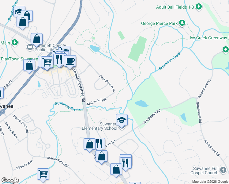 map of restaurants, bars, coffee shops, grocery stores, and more near 3753 Cherokee Trail in Suwanee