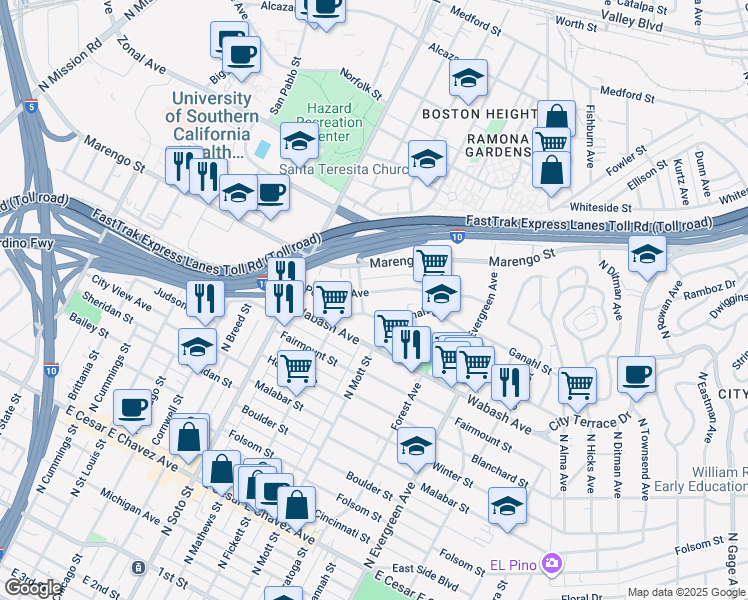 map of restaurants, bars, coffee shops, grocery stores, and more near 2518 Pomeroy Avenue in Los Angeles