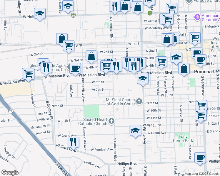 map of restaurants, bars, coffee shops, grocery stores, and more near 1115 West 7th Street in Pomona